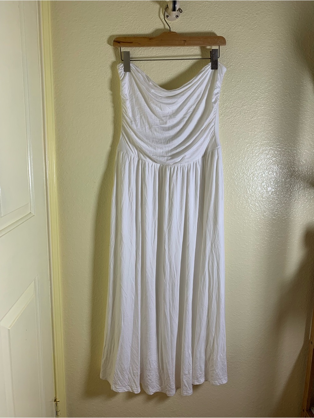 NWOT Strapless White Maxi Dress with Draped Bodice, Size L